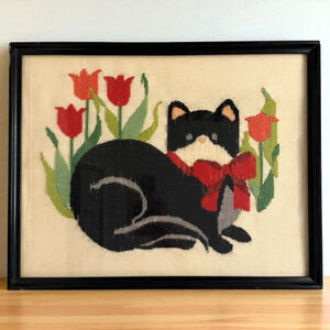 Vintage Framed Longstitch Embroidery Art Cat in Tulips Kitty Finished Completed